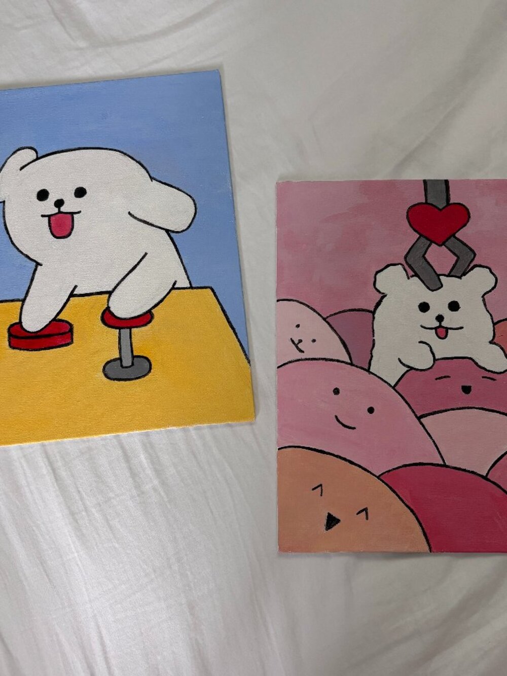 Set of 2 Cute Couple Dogs with Claw Machine Design Acrylic Painting